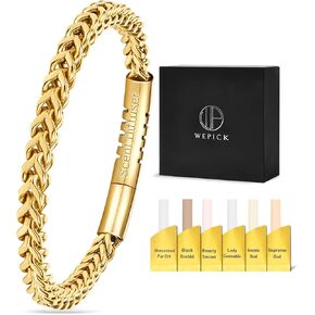 Gold Bracelet for Men Women, 18K Gold Beaded Bracelets Franco Link Chain Pearl Black Onyx Bracelet with Scent diffuser Aromatherapy Essential Oil Non Tarnish Jewelry Gift