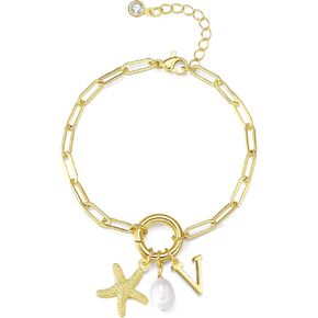 Gold Charm bracelet for Women 14K Gold Plated Initial Paper clip Bracelet Dainty Letter Pearl Starfish Charm Bracelets for Women Trendy Gold Summer Beach Jewelry