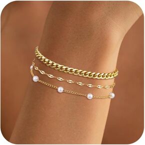 Gold Bracelets for Women Waterproof Gold Dainty Bracelet Stack Dainty 14K Gold Plated Bracelet Set Stackable Cuban Link Paperclip Chain Fashion Jewelry