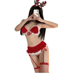 Christmas Lingerie For Women Sexy Santa Costume Lingerie Set With Garter Belts Red Teddy Bodysuit Nightwear