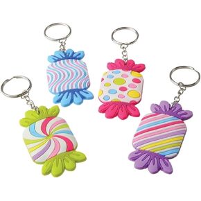 Kids Keychains for Keys and Backpacks (12 Pack) (Candy Rubber Keychains) 4 Styles and Colors. Blue, Green, Pink and Purple