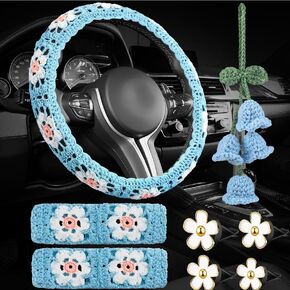 Frienda 8 Pcs Crochet Car Accessories Set Handmade Crochet Steering Wheel Cover 2 Pcs Belt Cover Hanging Cute Plants 4 Pcs Air Vent Clip for Women Ladies Car Inter Decorations (Blue Flower)