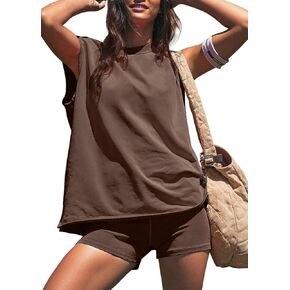 UEU طقم شورت نسائي مكون من قطعتين طقم صالة صيفي ملابس بأكمام قصيرة وسروال قصير بخصر مرن بدلة رياضية 2025 ملابس عصرية قهوة S in Kuwait