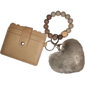 Wristlet Wallet Bracelet Keychain Slim Credit Card Holder Purse Silicone Beaded Key Ring Bangle Chains with Fluffy Plush Heart Charm for Women Men (pink)