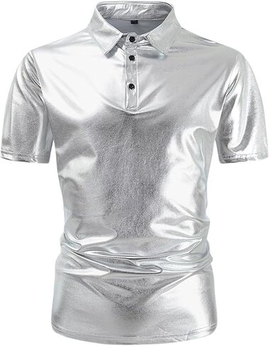 Lars Amadeus Polo Shirt for Men's Shiny Metallic Short Sleeves Sparkle Club Party 70s Disco T-Shirts in Kuwait