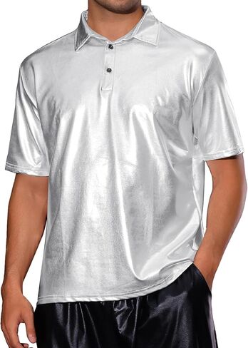 Lars Amadeus Polo Shirt for Men's Shiny Metallic Short Sleeves Sparkle Club Party 70s Disco T-Shirts in Kuwait