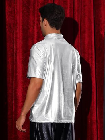 Lars Amadeus Polo Shirt for Men's Shiny Metallic Short Sleeves Sparkle Club Party 70s Disco T-Shirts in Kuwait