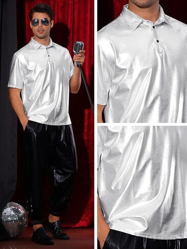 Lars Amadeus Polo Shirt for Men's Shiny Metallic Short Sleeves Sparkle Club Party 70s Disco T-Shirts in Kuwait