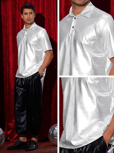 Lars Amadeus Polo Shirt for Men's Shiny Metallic Short Sleeves Sparkle Club Party 70s Disco T-Shirts in Kuwait