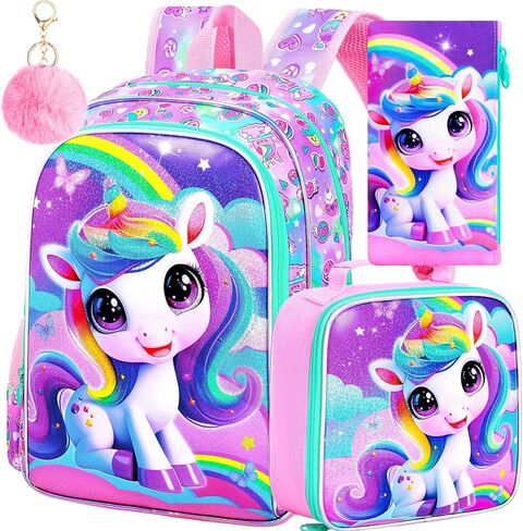 3Pcs Unicorn Backpack for Girls, 16" School Backpacks Set for Elementary Preschool Kindergarten, Kids Bookbag with Lunch Box(Pink) in Saudi Arabia