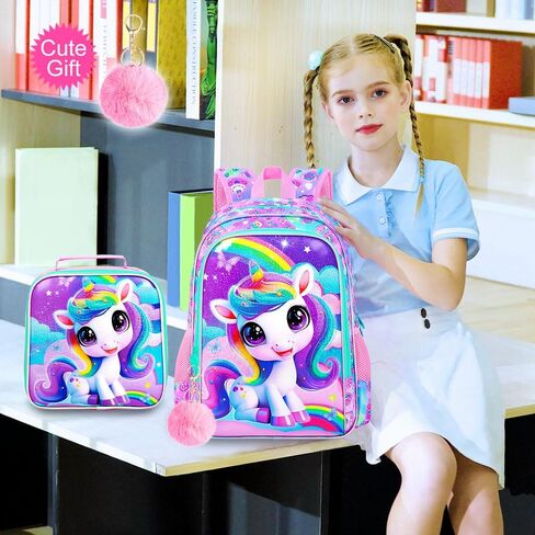 3Pcs Unicorn Backpack for Girls, 16" School Backpacks Set for Elementary Preschool Kindergarten, Kids Bookbag with Lunch Box(Pink) in Saudi Arabia