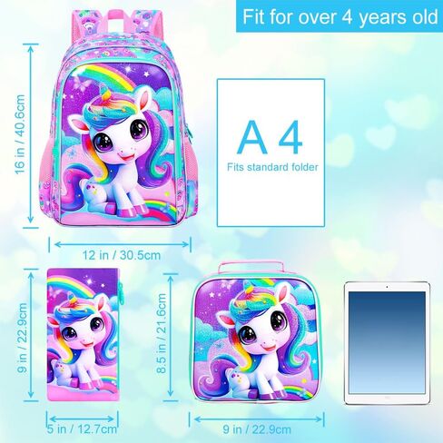 3Pcs Unicorn Backpack for Girls, 16" School Backpacks Set for Elementary Preschool Kindergarten, Kids Bookbag with Lunch Box(Pink) in Saudi Arabia