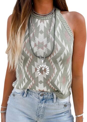 MARZXIN Women Sleeveless Sweater Tank Round Neck Casual Aztec Geometric Knit Sweater Top in Saudi Arabia