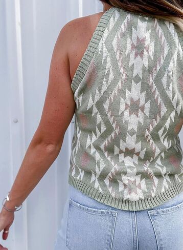 MARZXIN Women Sleeveless Sweater Tank Round Neck Casual Aztec Geometric Knit Sweater Top in Saudi Arabia