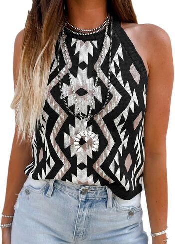 MARZXIN Women Sleeveless Sweater Tank Round Neck Casual Aztec Geometric Knit Sweater Top in Saudi Arabia