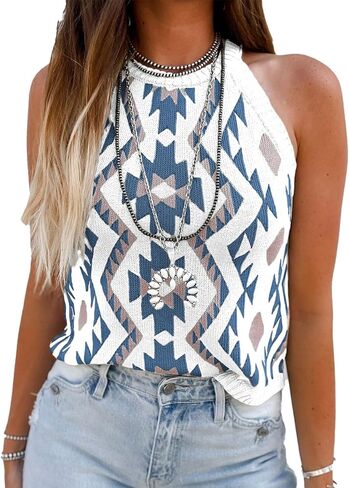 MARZXIN Women Sleeveless Sweater Tank Round Neck Casual Aztec Geometric Knit Sweater Top in Saudi Arabia