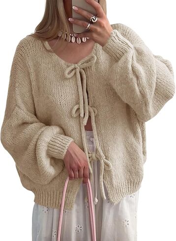 UNCLECAT Womens Bow Tie Front Cardigan Sweaters Oversized Fall Open Front Cardigans Cute Loose Knit Tops in Kuwait