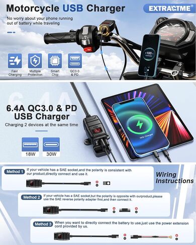 EXTRACTME 24W Motorcycle Phone Charger, QC 3.0 Dual USB Motorcycle USB Charger with Voltmeter & ON/Off Switch, Waterproof Quick Disconnect SAE to USB Adapter for Phone, Tablet, GPS in Kuwait