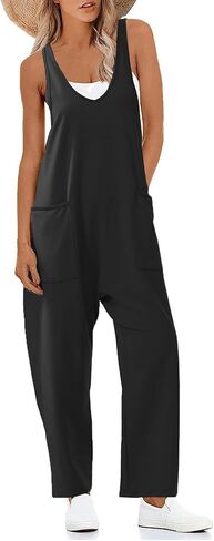 Muchpow Women's Casual Jumpsuits Sleeveless V Neck Loose Baggy Rompers with Pockets in Saudi Arabia