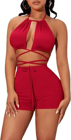 SOLY HUX Women's Sexy 2 Piece Outfits Criss Cross Halter Tie Back Crop Top and Biker Shorts Set in Saudi Arabia