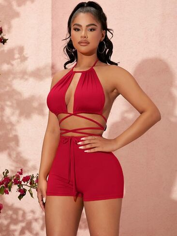 SOLY HUX Women's Sexy 2 Piece Outfits Criss Cross Halter Tie Back Crop Top and Biker Shorts Set in Saudi Arabia