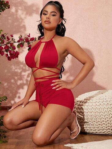 SOLY HUX Women's Sexy 2 Piece Outfits Criss Cross Halter Tie Back Crop Top and Biker Shorts Set in Saudi Arabia