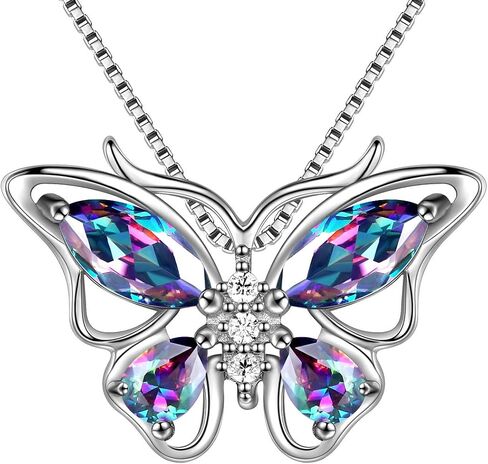 Aurora Tears Butterfly Birthstone Pendant Necklace - Women 925 Sterling Silver Butterflies Birthstone Pendant Necklace Jewelry Birthday Gift for Women in Kuwait