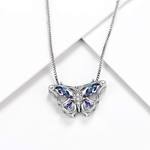 Aurora Tears Butterfly Birthstone Pendant Necklace - Women 925 Sterling Silver Butterflies Birthstone Pendant Necklace Jewelry Birthday Gift for Women in Kuwait