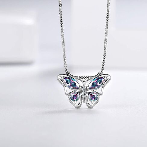 Aurora Tears Butterfly Birthstone Pendant Necklace - Women 925 Sterling Silver Butterflies Birthstone Pendant Necklace Jewelry Birthday Gift for Women in Kuwait