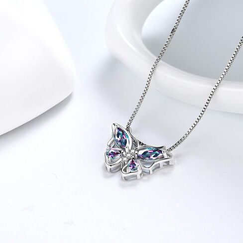 Aurora Tears Butterfly Birthstone Pendant Necklace - Women 925 Sterling Silver Butterflies Birthstone Pendant Necklace Jewelry Birthday Gift for Women in Kuwait