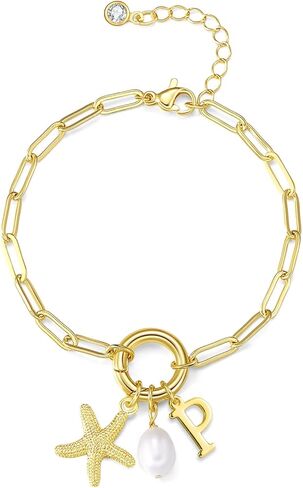 Gold Charm bracelet for Women 14K Gold Plated Initial Paper clip Bracelet Dainty Letter Pearl Starfish Charm Bracelets for Women Trendy Gold Summer Beach Jewelry in Kuwait
