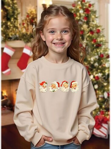 IZYJOY Girls Christmas Sweatshirts Kids Cute Santa Claus Graphic Crewneck Pullover Tops Xmas Long Sleeve Holiday Shirts in Kuwait