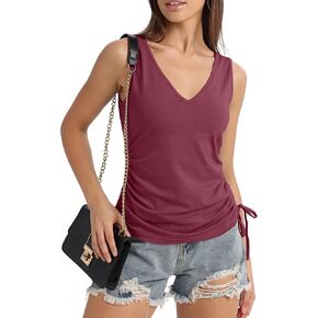 Women Tank Tops V Neck Casual Sleeveless Loose Fit Henley Shirt with Side Drawstring Tank Tops for Women