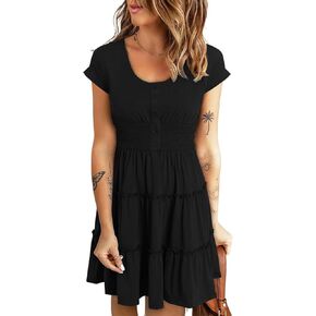 Soesdemo Womens Summer Dress Scoop Neck Rolled Short Sleeve Smocked Button Down Elastic Waist Ruffle Tiered Flowy Sundress