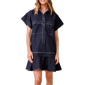 Women's Cotton Drop Waist Shirt Dress Short Sleeve Button Down Mini Dress Ruffle Tunic Dress with Pockets in Kuwait