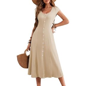AlvaQ Womens Summer Dress 2025 Casual Short Sleeve Button Down Long Dress Split Flowy A Line Knit Midi Dresses
