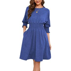 Women's Dresses Casual 3/4 Sleeve Smocked Dress Crew Neck Elastic Waist A-Line Fall Knee Length Dresses with Pocket