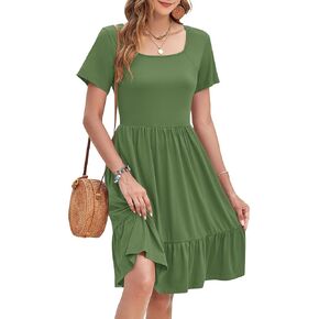 AUSELILY Womens Summer Dresses 2025 Casual Short Sleeve Dress Square Neck A-Line Ruffle Sundress with Pockets