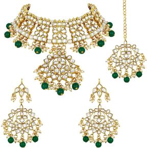Aheli Indian Traditional Maang Tikka with Kundan Necklace Earrings Set Ethnic Wedding Party Designer Jewelry Gift for Women Blue in Saudi Arabia