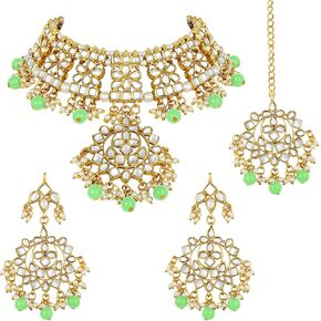 Aheli Indian Traditional Maang Tikka with Kundan Necklace Earrings Set Ethnic Wedding Party Designer Jewelry Gift for Women Blue