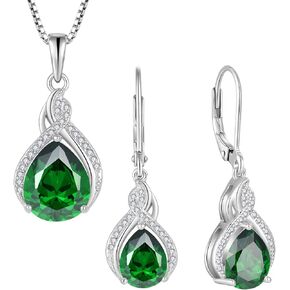 Infinity Teardrop Jewelry Set for Women Emerald Necklace & Earrings May Birthstone Jewelry