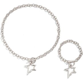 Y2k Star Necklace Bracelet Set for Women Trendy Gold Silver Chain Clasp Toggle Necklace Bracelet Dainty Paperclip Necklace Bracelet Y2k Necklace Bracelet Set Jewelry