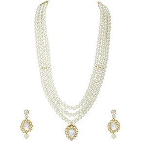 Aheli Faux Pearl Long Multi Layered Necklace with Pendant Earrings Set Indian Traditional Wedding Jewelry Gift for Women
