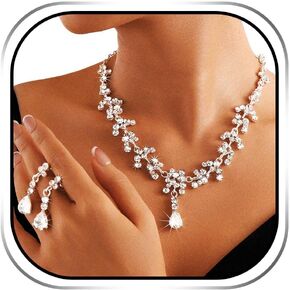 Sixexey Rhinestone Jewelry Set Silver Sparkly Crystal Prom Necklace Bride Wedding Jewelry Sets for Women