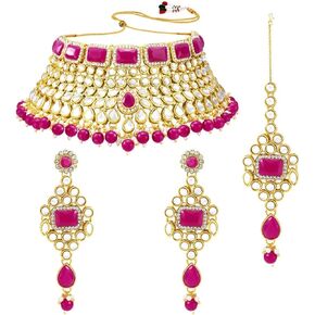 Aheli Rani Padmavati Kundan Faux Pearl Choker Necklace with Earrings Maang Tikka Gift for Women Traditional Jewelry Set Green