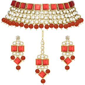 Aheli فو كوندان حجر الهندي التقليدي قلادة أقراط Maang تيكا مجموعة الزفاف موضة ملابس الحفلات مجوهرات هدية للنساء in Kuwait