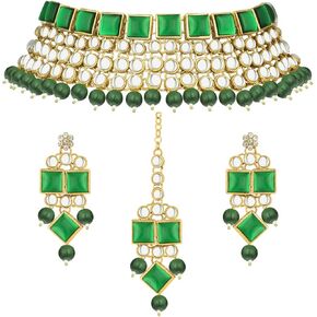 Aheli Faux Kundan Stone Indian Traditional Necklace Earrings Maang Tikka Set Wedding Fashion Party Wear Jewelry Gift for Women