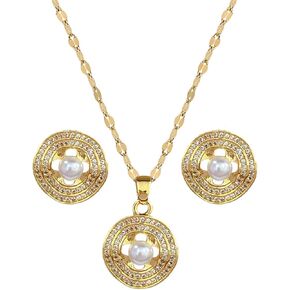 Necklace and Earring Sets for Women 14K Gold Plated Dainty Pearl Geometric Heart Rose Flower Rhinestone Charms Choker Earrings Statement Bridal Wedding Jewelry Set