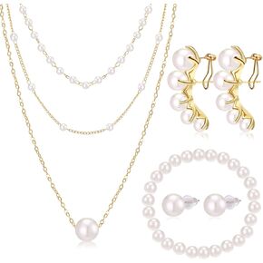 6 Pcs Gold Jewelry Set for Women Gold Plated Pearl Layered Necklace for Women Pearl Choker and Earrings Bracelet Set Valentine Wedding Bridesmaid Jewelry Gifts|