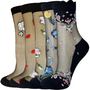 Cityelf 5 Pack Women Sheer Socks Summer Ruffle Thin Cool Socks See Through Silky Lace Ankle Cute Socks Stocking